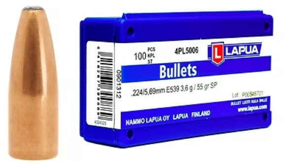 LAPUA .224 55 GR Soft Point E539 Bullets (100)